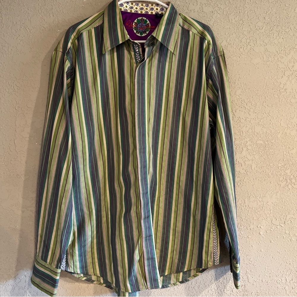 Robert Graham Striped Green and Purple Men's Shirt 2XL Long Sleeve Button Down